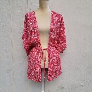 Victoria's Secret Womens Red White Heart Print Tie-Front Kimono Robe One Size